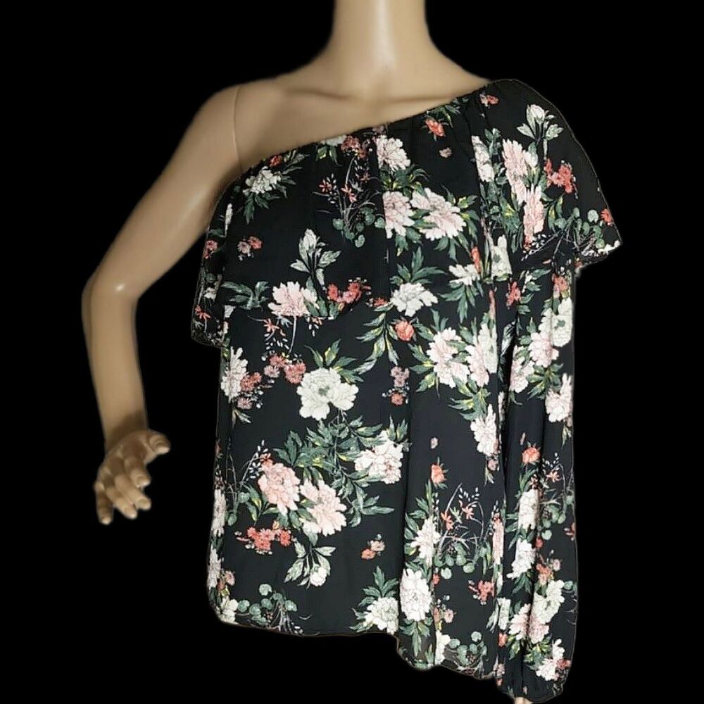Aqua Black Floral One Shoulder Ruffled Blouse -  Medium NWT